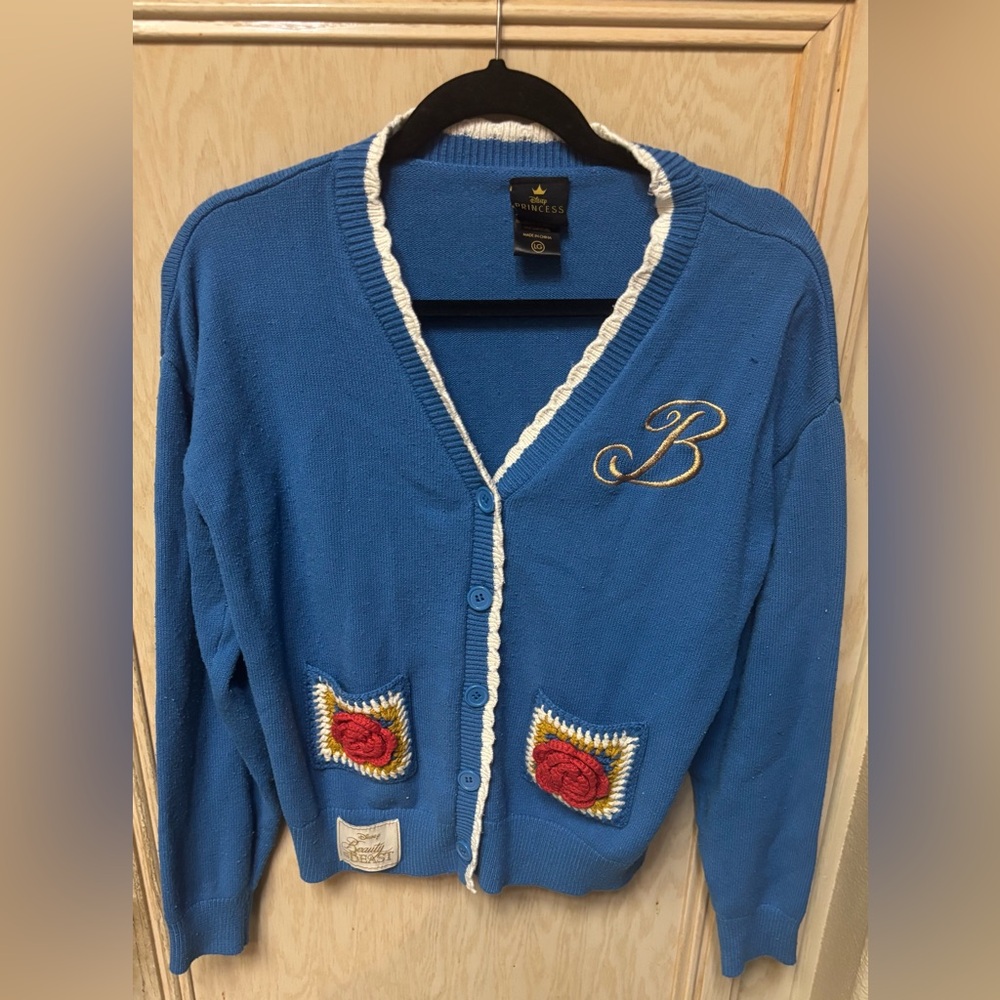 Disney Beauty & the Beast‎ Belle Rose Crotchet Cardigan Sweater Boxlunch Blue Lg